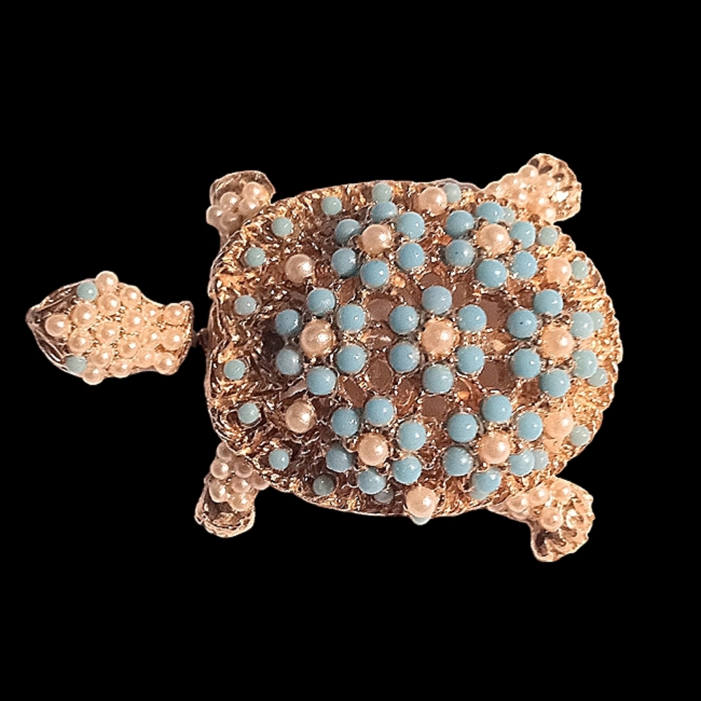 VINTAGE RARE CINER UNSIGNED TURTLE BROOCH PIN TURQUOISE FLOWERS